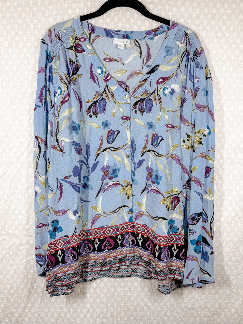 J. Jill Blue‎ Purple Floral Button Up Rayon Long Sleeve Top